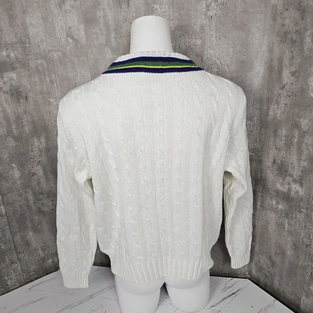 Vintage 90s Polo‎ Ralph Lauren Mens 2XL Vneck White Chunky Knit Cricket Sweater